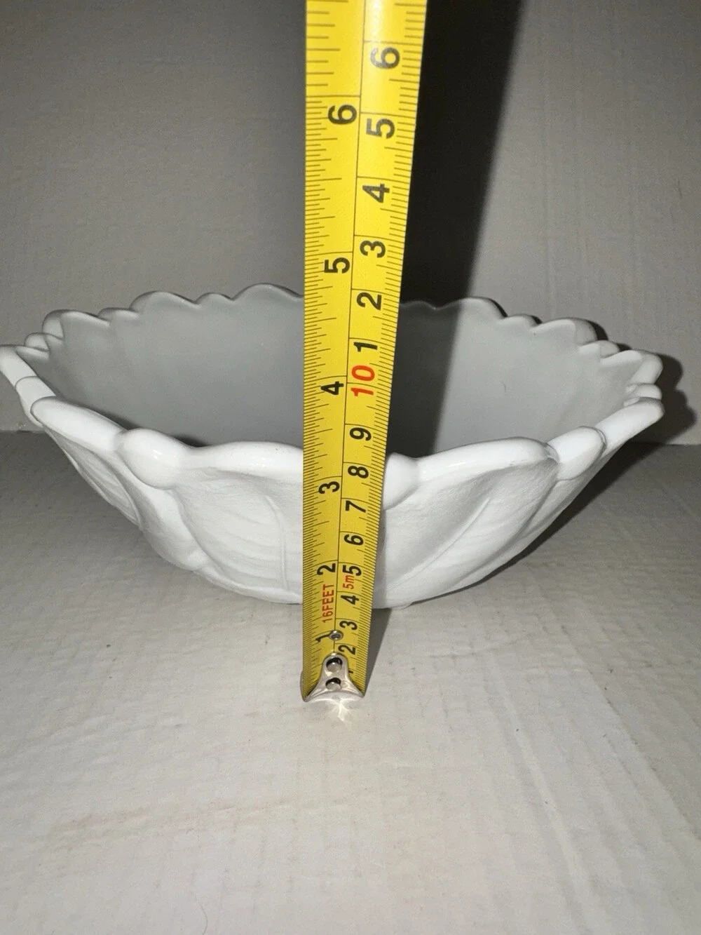 Vintage White Milk Glass Footed Bowl 9” Wild Rose Leaf Scalloped Cottage Decor
